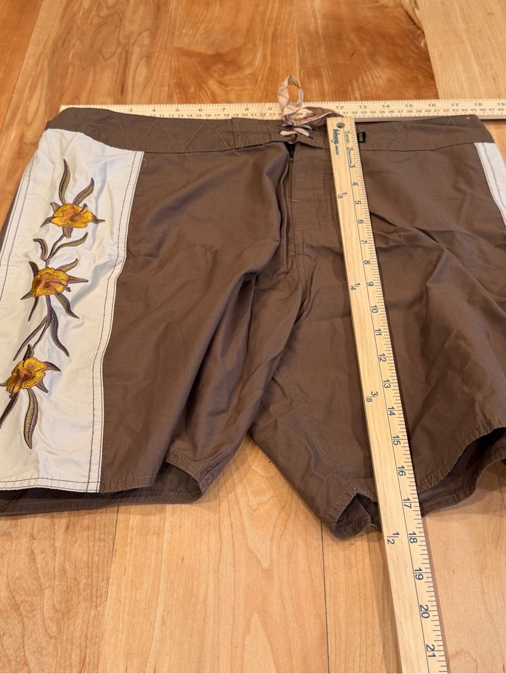 Howler Brothers Brown Swim Shorts with Beige Floral Panels